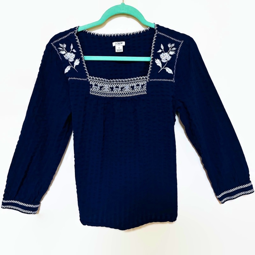 J. Crew Navy and White Embroidered Peasant Top